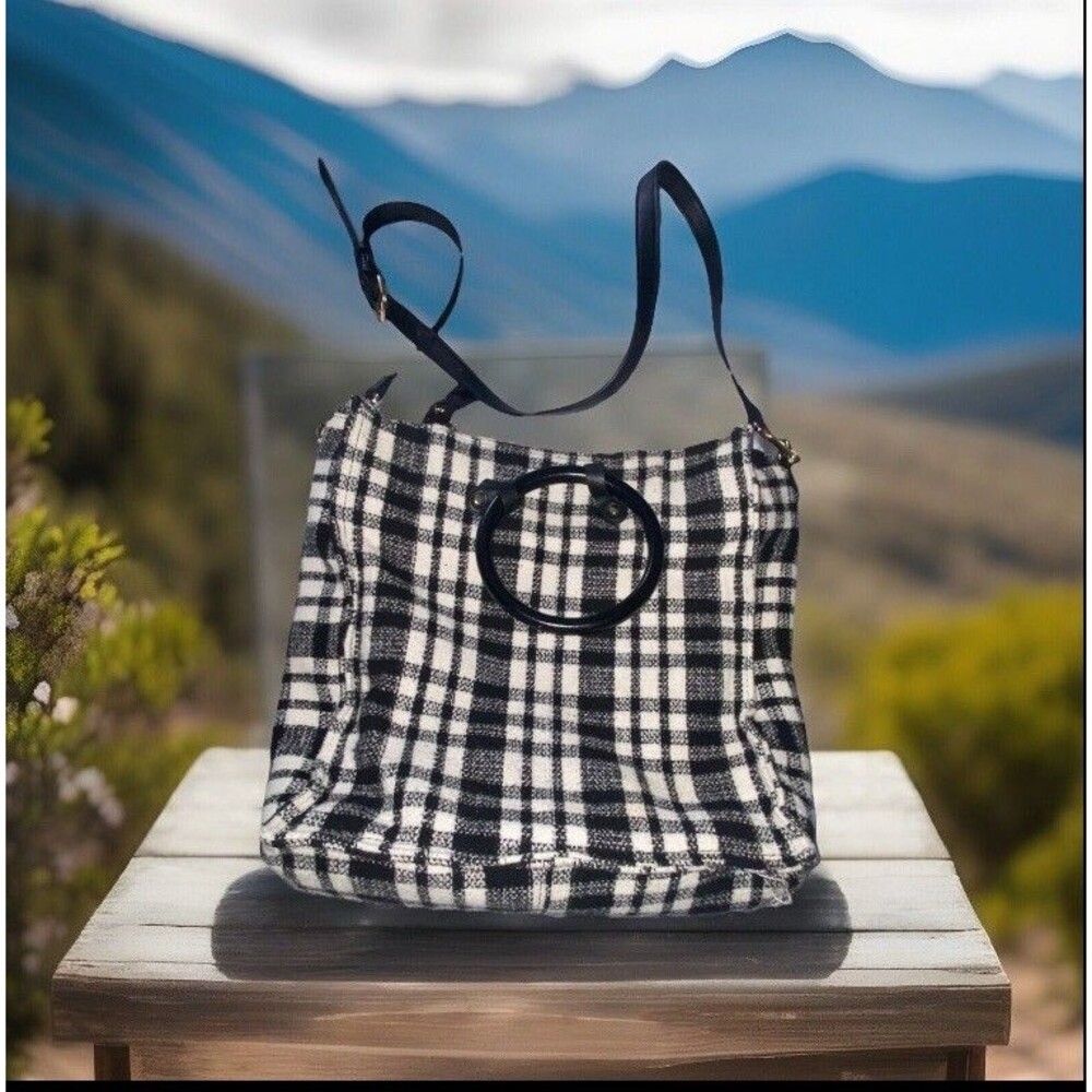 Urban Expressions Vegan Black & White Plaid Tote Bag With Black Handles & Crossb